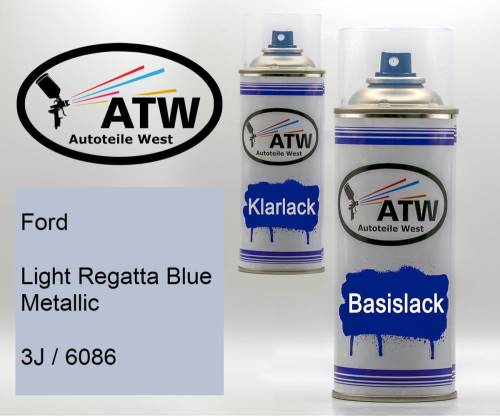Ford, Light Regatta Blue Metallic, 3J / 6086: 400ml Sprühdose + 400ml Klarlack - Set, von ATW Autoteile West.
